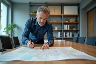 Urbaniste consultant une carte démographique communale dans un bureau municipal, illustrant l'utilisation des données INSEE pour l'aménagement du territoire