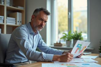 Urbaniste homme examinant des cartes de zonage en bureau
