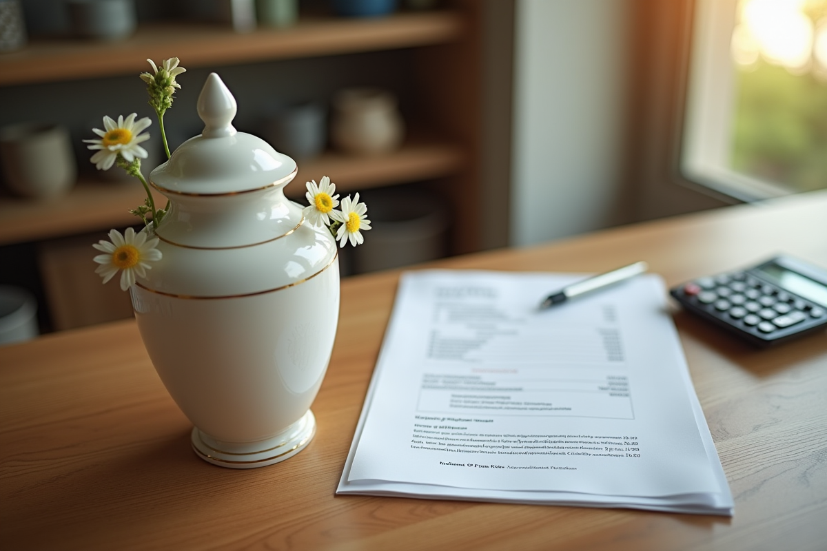 Urne blanche avec décor floral sur une table en bois