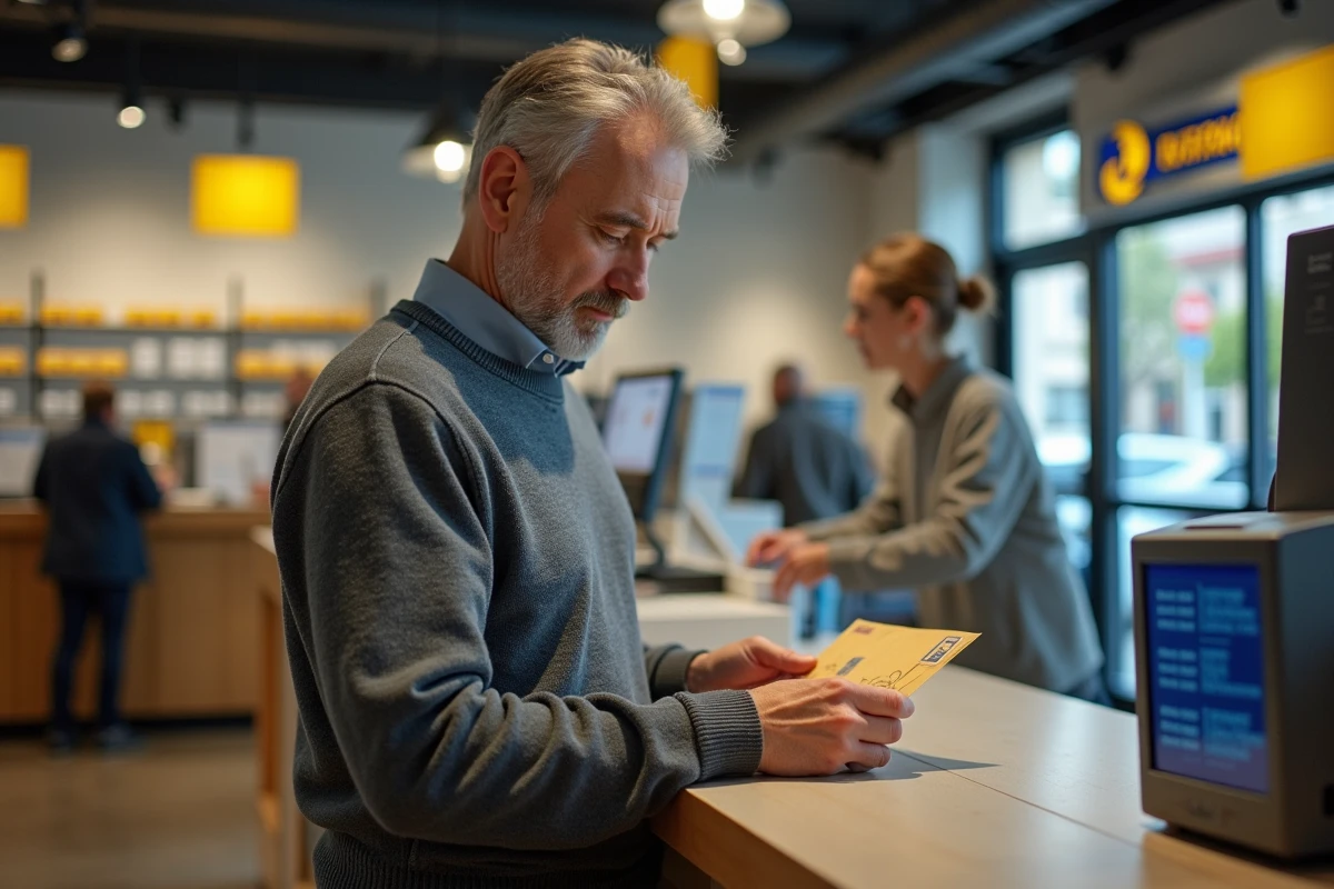 Homme vérifiant l'emplacement d'un timbre sur une enveloppe au guichet d'un bureau de poste français