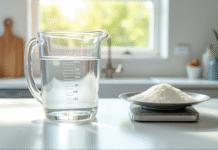 Verre mesureur rempli d'eau sur plan de travail blanc