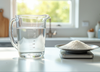 Un regard sur les unités de mesure : de 100 g à ml Verre mesureur rempli d'eau sur plan de travail blanc