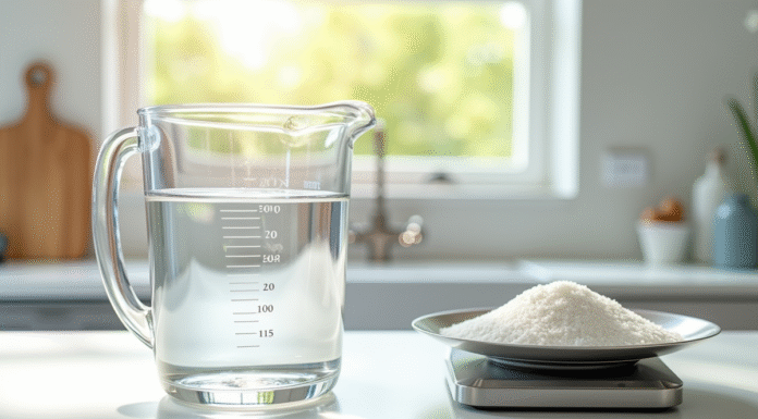 Verre mesureur rempli d'eau sur plan de travail blanc