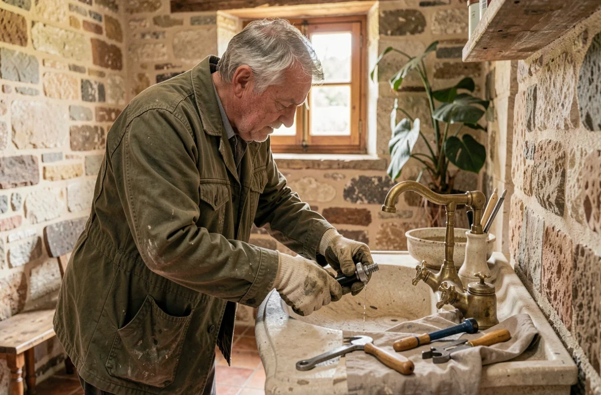 Artisan Villoin Denis Eurl installant un robinet sur un lavabo en pierre dans une maison ancienne de la vallée de la Loire