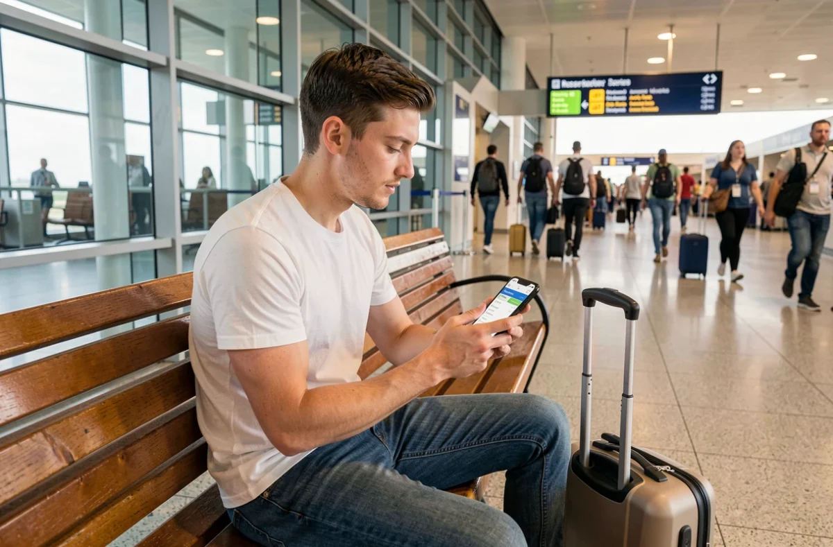 Voyageur à l'aéroport consultant une application mobile pour convertir des miles en kilomètres avant un voyage international
