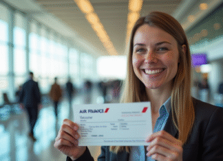 Voyageur souriant tenant un bon de voyage Air France à l'aéroport