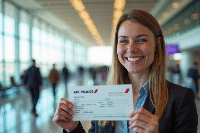 Voyageur souriant tenant un bon de voyage Air France à l'aéroport