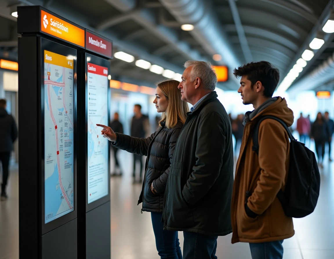 Groupe de voyageurs consultant une borne d'information interactive dans une station de correspondance du métro de Toulouse
