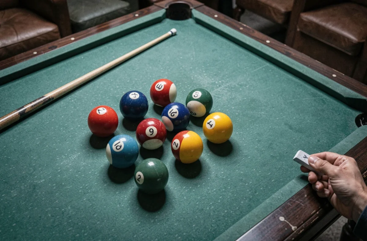 Vue plongeante sur 11 billes de billard disposées en énigme sur un tapis vert avec une queue posée en diagonale