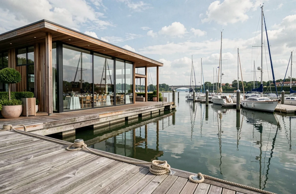 Salle de réception du Yacht Club du Coudray-Montceaux avec vue sur la marina et les voiliers